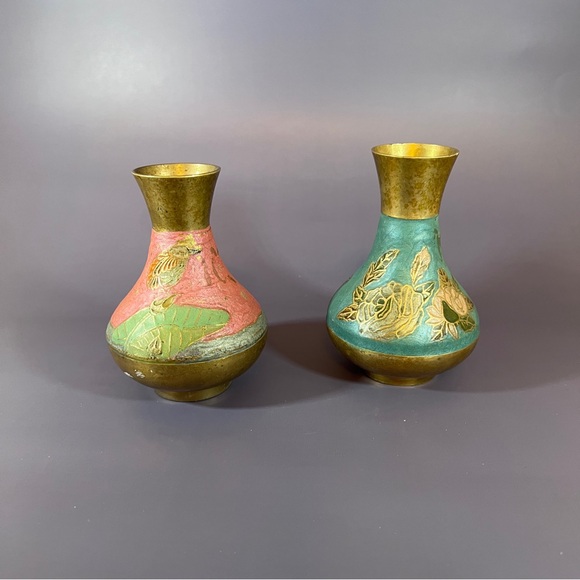 Set Of 2 Small Vintage Indian Brass Cloisonne Vases - Picture 3 of 10